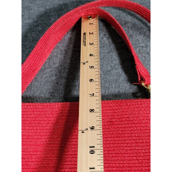 Red Woven Structured Handbag Gold Tone Hardware Top Handle Tote Studded Purse - Picture 12 of 12